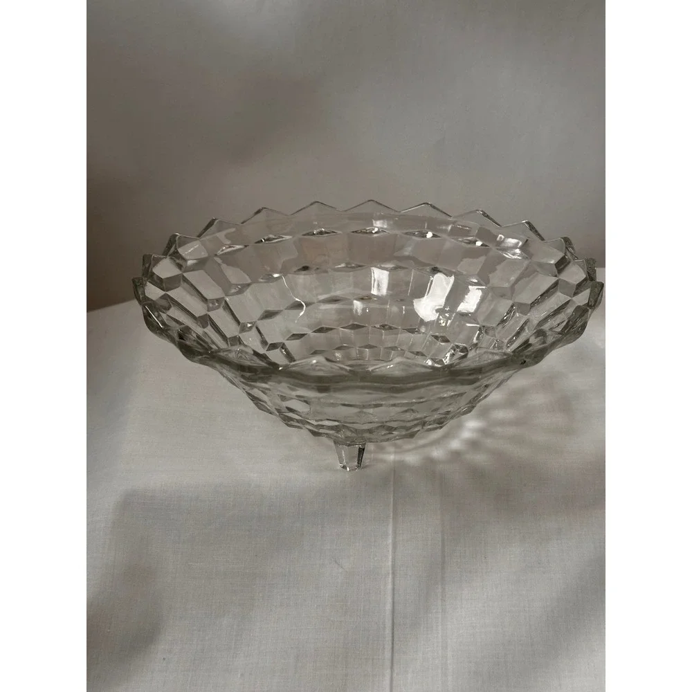 Indiana Glass Whitehall Clear Footed Bowl 10 Inch Cubist‎ Geometric Vintage